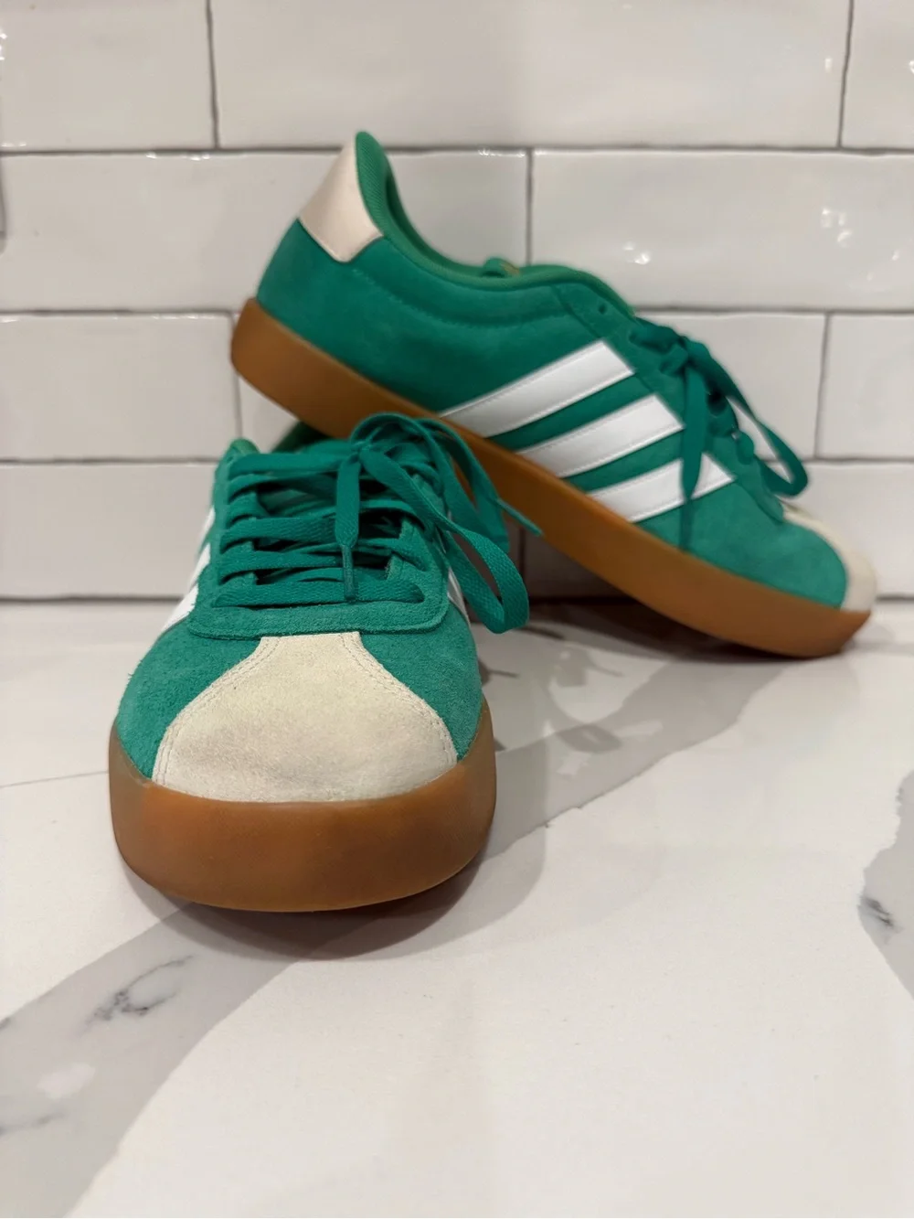 adidas Green Suede Low-Top Sneakers with White Stripes and Gum Sole